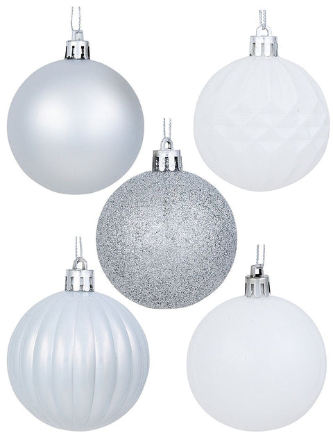 Christmas Warehouse - DECRH135 35x Lustrous Silver & Matte White Mixed Essential Baubles | 60mm Silver & White