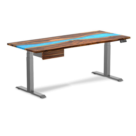 Desky Dual Resin Hardwood Standing Desk With Drawer 180cm Pheasantwood Blue River Desktop and Space Grey Frame