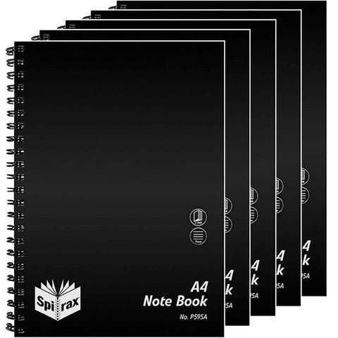Spirax P595A A4 Poly Cover 240 Page Spiral Notebook 5-Pack (Black)