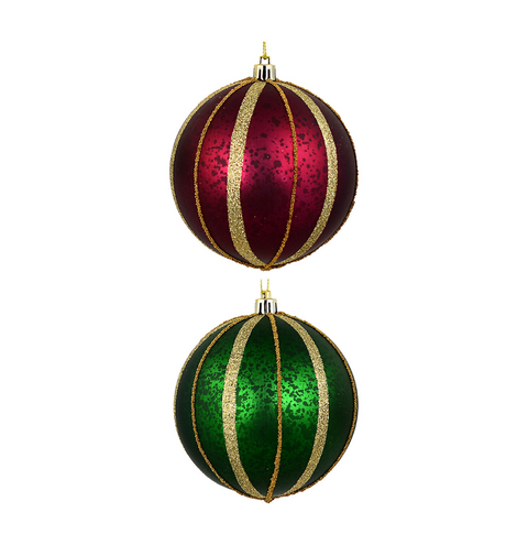 Christmas Warehouse - DECR2657 2x Heritage Green & Burgundy Signature Mercury Glitter Stripe Baubles | 10cm Green & Red with Gold