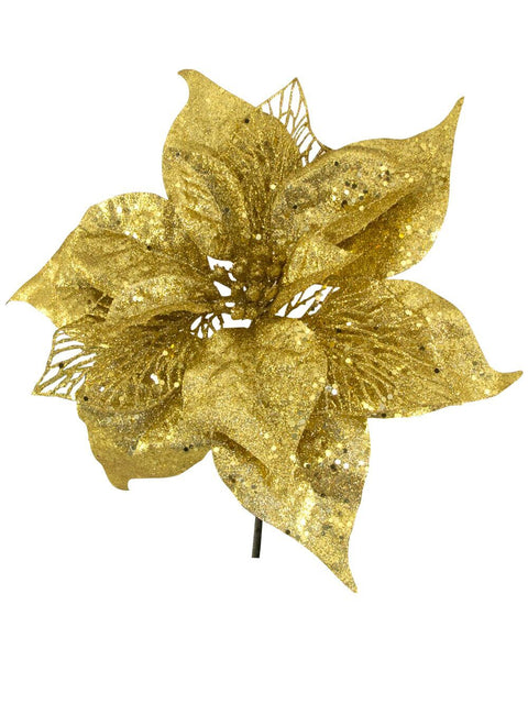 Christmas Warehouse - PICK1516 Gold Poinsettia Christmas Tree Clip Pick With Sequins & Glitter | 26cm Gold