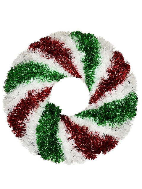 Christmas Warehouse - WRTHT100 48cm Red Green & White Candy Swirl Wreath Tinsel Plaque Ornament White, Red & Green