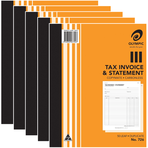 Olympic 5 Pack 726 Duplicate Tax Invoice & Statement Book Carbonless Bulk