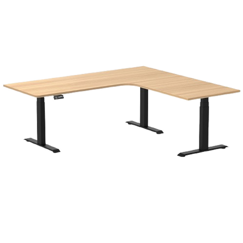 Desky L-Shape Melamine Sit Stand Desk 200cm - Right Return Sublime Teak Top and Matte Black Leg