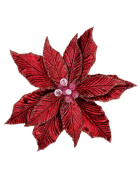 Christmas Warehouse - PICK2415 Red Velour Poinsettia With Glitter Christmas Tree Clip Pick | 28cm Red