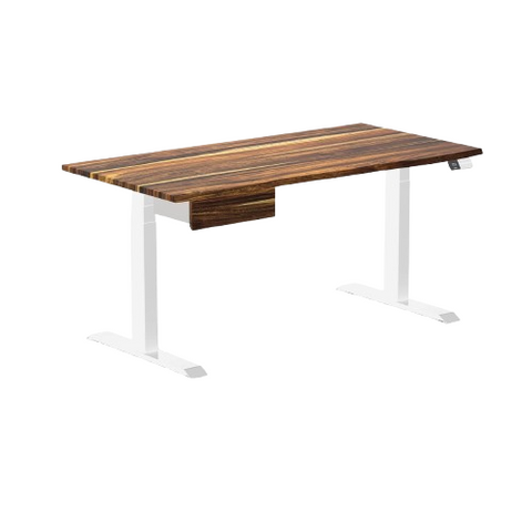 Desky Dual Hardwood Standing Desk With Drawer 150cm Pheasantwood Desktop and White Frame