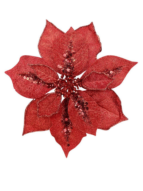 Christmas Warehouse - PICK1824 Red Glitter Poinsettia Christmas Tree Clip Pick With Sequins | 28cm Red