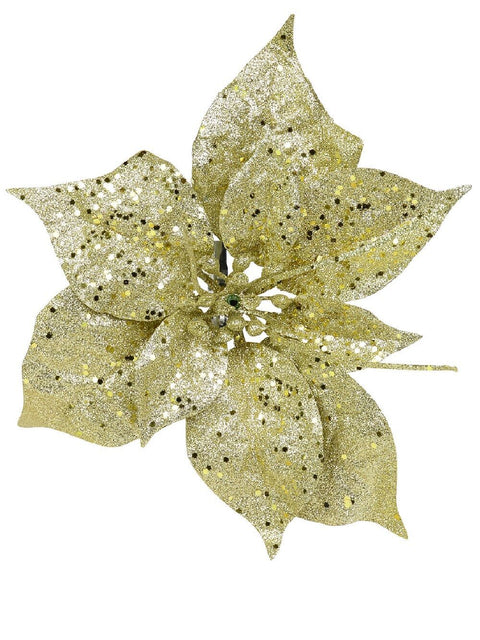 Christmas Warehouse - PICK1842 Champagne Gold Glitter Poinsettia Christmas Tree Stem Pick | 17cm Champagne Gold