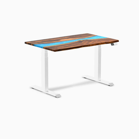 Desky Dual Resin Hardwood Sit Stand Desk 120cm Pheasantwood Blue River Desktop and White Frame