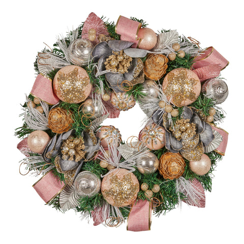Christabelle 56cm Christmas Wreath Lush Pink Front Door Decoration Jewelled Baubles Flowers Pine Cones Ribbons