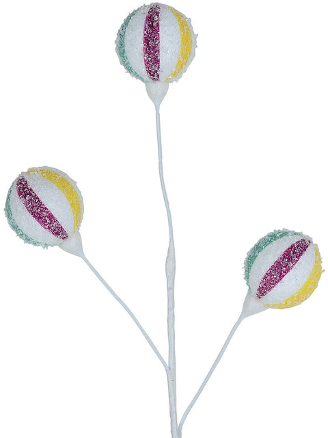 Christmas Warehouse - STEM2417 Frosted Sassy Spheres Candy Ball Lollipops Christmas Tree Clip Pick | 16cm White with Red, Green & Yellow