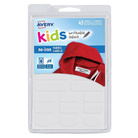 Avery 40700 No-Iron Kids Fabric Label Assorted Shapes (White) [Pack 45]
