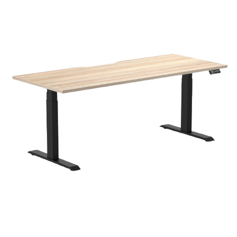 Desky Dual Scalloped Melamine Sit Stand Desk - Classic Oak / 1800x750mm / Matte Black