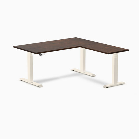 Desky Rubberwood L-Shape Sit Stand Desk 150 x 155 cm Dark Walnut Top and Wheat Leg