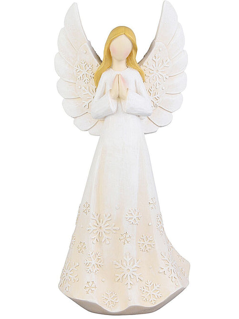 Christmas Warehouse - ORNM2512 26cm Elegant Ivory Blessing Angel With Embossed Silver Snowflakes Figurine Ivory with White & Blonde