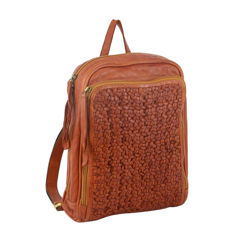 Pierre Cardin Woven Leather Ladies Backpack Bag Travel Satchel Zip - Cognac