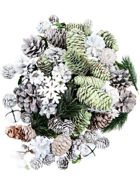 Christmas Warehouse - ORNMNT46 Natural Pinecone, Snowflake, Berry & Bell Mix | 350g Natural with Green, & White