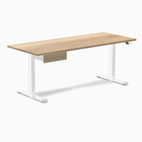 Desky Dual Hardwood Standing Desk With Drawer 180cm White Ash Desktop and White Frame
