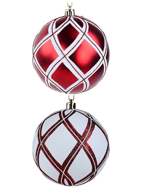 Christmas Warehouse - DECR9173 2x Dynamic Red & White Signature Glitter Diamond Line Baubles | 10cm Red & White