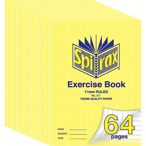 Spirax 211 Exercise Book Ruled Lines 11mm 70GSM 64 Page A4 20 Pack