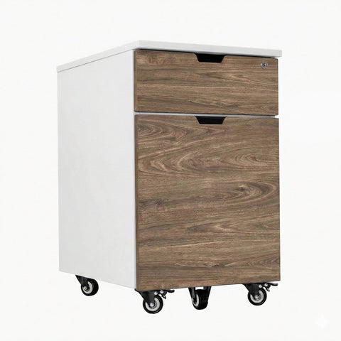 Desky Minimal Wooden Filing Cabinet - White / Natural Walnut Melamine