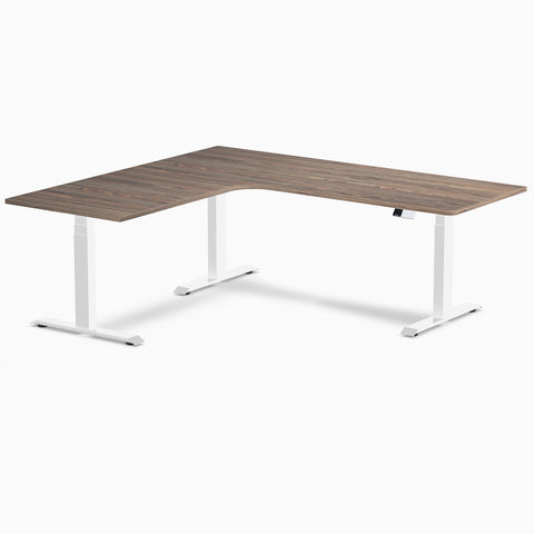 Desky L-Shape Melamine Sit Stand Desk 200cm - Left Return Natural Walnut Top and White Leg