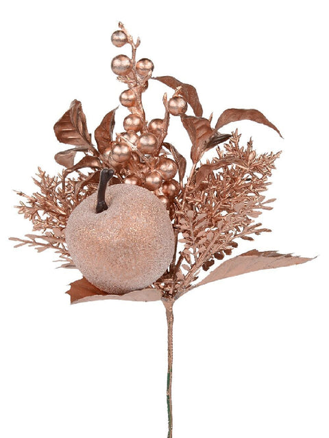 Christmas Warehouse - PICK2022 Rose Gold Apple, Berry & Assorted Foliage Christmas Tree Stem Pick | 12cm Rose Gold