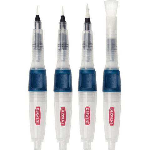 Derwent Push Button Waterbrush Pack 4 Assorted Tips Watercolour Painting
