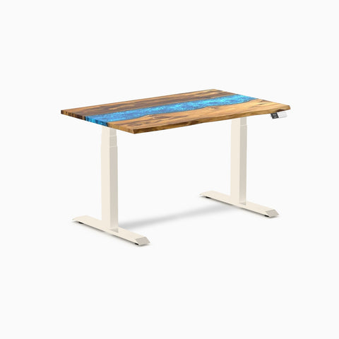 Desky Dual Resin Hardwood Sit Stand Desk 120cm Teak Blue River Desktop and Wheat Frame