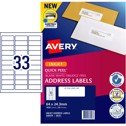 Avery 936058 J8157 Quick Peel Address Label Inkjet 33/Page (White) [50 Sheets]