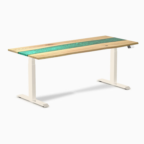 Desky Dual Resin Hardwood Sit Stand Desk 180cm White Ash Emerald River Desktop and Wheat Frame