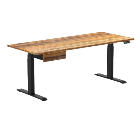 Desky Dual Hardwood Standing Desk With Drawer 180cm Teak Desktop and Matte Black Frame