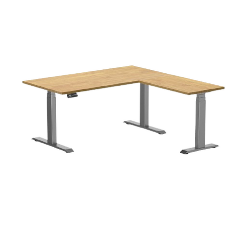 Desky Rubberwood L-Shape Sit Stand Desk 150 x 155 cm Light Oak Top and Space Grey Leg