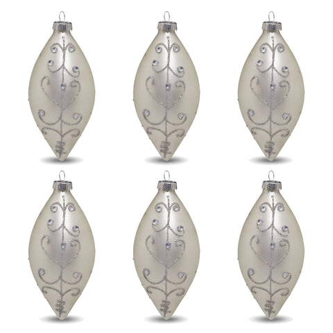 Christabelle 6 White Glass Christmas Teardrop Baubles Silver Jewel 13cm Xmas Tree Decorations Hanging Ornaments