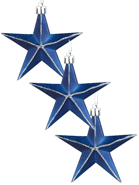 Christmas Warehouse - DECRH093 3x Whimsical Midnight Blue & Silver Essential Glitter Star Ornaments | 90mm Midnight Blue