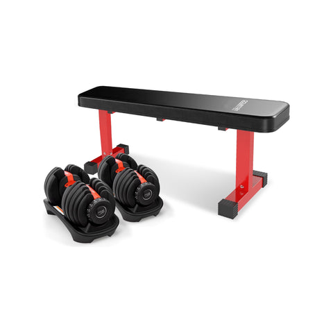 Powertrain 48KG Adjustable Dumbbell Set (Red) with Flat Bench