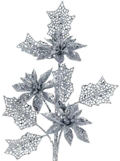Christmas Warehouse - STEM2303 Silver Glitter Poinsettia & Filigree Leaf Spray Long Christmas Stem | 42cm Silver