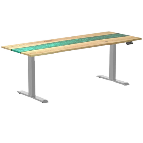Desky Dual Resin Hardwood Sit Stand Desk 200cm White Ash Emerald River Desktop and Grey Frame