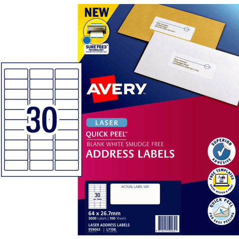 Avery 959062 L7158 Address Labels Sure Feed Laser (White) [Pack 100]
