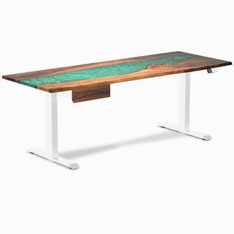 Desky Dual Resin Hardwood Standing Desk With Drawer 200cm Natural Walnut Emerald River Desktop and White Frame