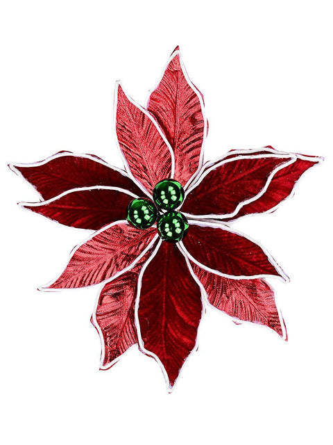 Christmas Warehouse - PICK2413 Red Poinsettia With White & Green Decor Christmas Tree Clip Pick | 30cm Red with White 7 Green