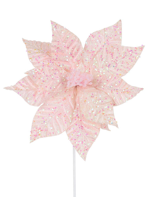 Christmas Warehouse - STEM2320 Fairy Floss Pink Poinsettia With Iridescent Sequins Long Christmas Stem | 55cm Pink & Iridescent