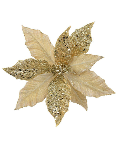 Christmas Warehouse - PICK2158 Champagne Glitter & Dew Like Poinsettia Christmas Tree Clip Pick | 32cm Champagne
