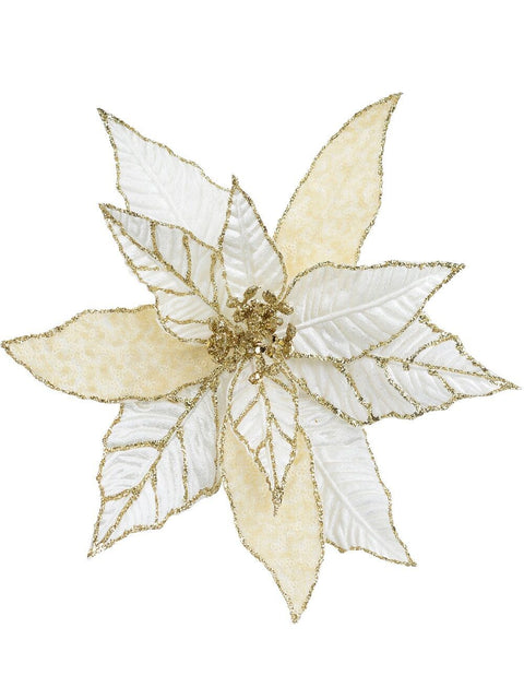 Christmas Warehouse - PICK2155 Gold White & Cream Poinsettia Christmas Tree Clip Pick | 28cm White & Cream with Gold