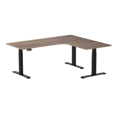 Desky L-Shape Melamine Sit Stand Desk 180cm - Right Return Natural Walnut Top and Matte Black Leg