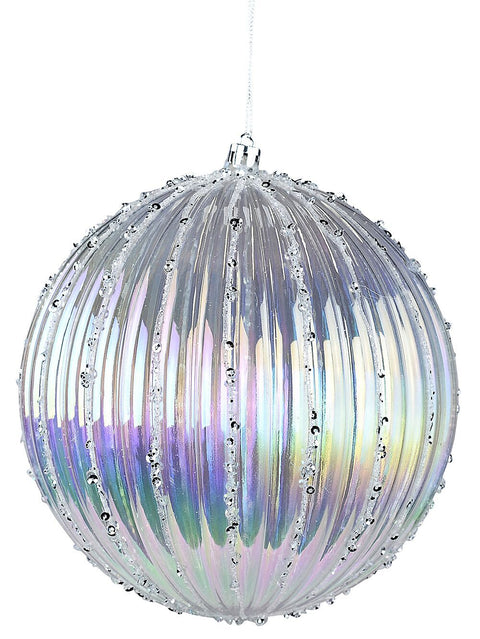 Christmas Warehouse - DECRH083 Iridescent Dynamic Grand Pumpkin Ribbed Silver Sequin Bauble | 15cm Transparent Iridescent with White & Silver
