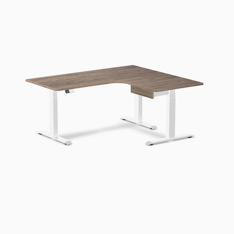 Desky L-Shape Melamine Standing Desk With Drawer 160cm - Right Return Natural Walnut Top and White Leg