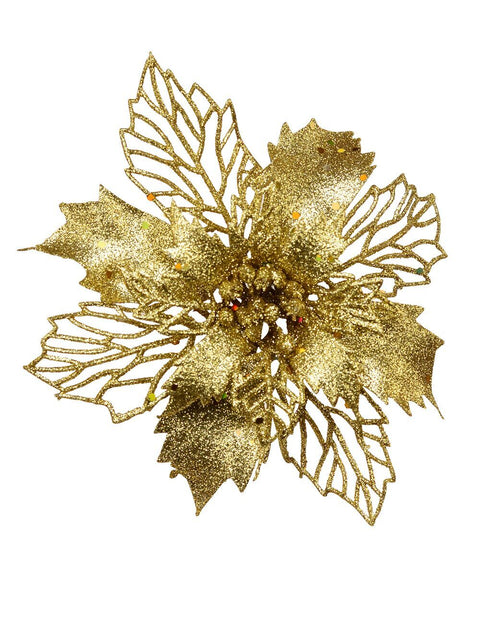 Christmas Warehouse - PICK2030 Gold Bract & Leaf Poinsettia Christmas Tree Clip Pick | 18cm Gold