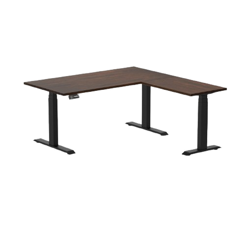 Desky Rubberwood L-Shape Sit Stand Desk 150 x 155 cm (Dark Walnut Top/Matte Black Leg)