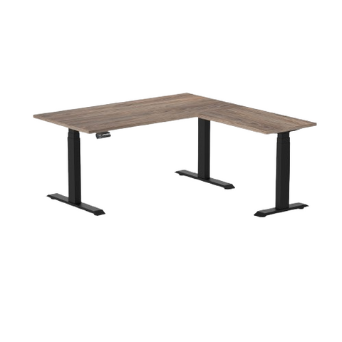 Desky Eco L-Shape Melamine Sit Stand Desk 150 x 155 cm Natural Walnut Top and Matte Black Leg